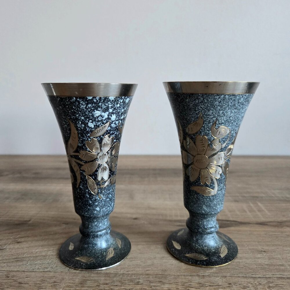 Set of 2 decorative etched/engraved pewter flute vine goblets with floral design